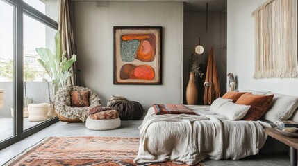 Interior with bohemian and modern mix including textiles and artwork