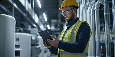 Warehouse background with logistics officer holding tablet and analyzing data Stock photo --ar 2:1 --quality 2 --raw --v 6.1 Job ID: 320cd740-4a1e-4ec8-98b5-7706d14ff49e