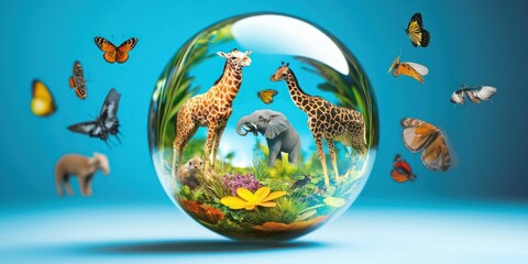 wildlife and flora icons around a glass orb for biodiversity awareness Stock photo --ar 2:1 --quality 2 --raw --v 6.1 Job ID: 3d2c54c0-f447-4dde-8cc4-358f7db6ca1e