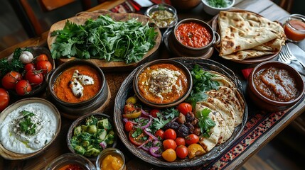 Fototapeta premium Delicious georgian food platter with various appetizers and breads dip meal sauce herbs salad tasty