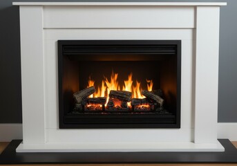 A fireplace with a white mantel and black trim showing burning logs and bright orange flames inside it