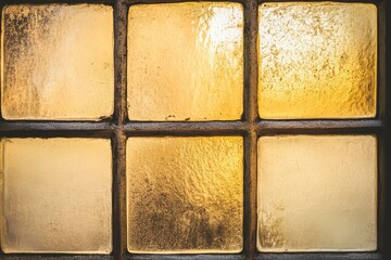Naklejka premium Vintage window panes, warm golden light filtering through aged glass Square sections, dark metal frames, textured glass