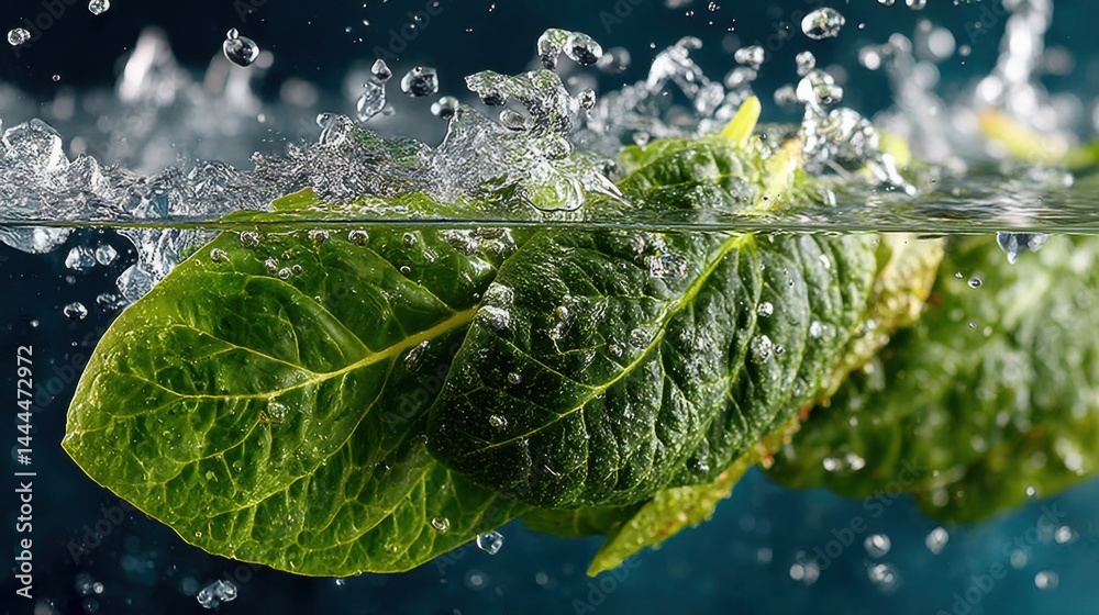 Aufkleber fresh green spinach leaves submerged in clear water with splashing and bubbles