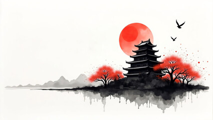 Fototapeta premium Osaka Castle in Autumn - Traditional Ink Landscape