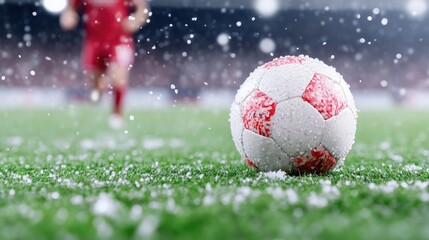 Fototapeta premium Soccer ball covered in snow on a green field during a winter match with a blurred player running in the background.