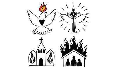 Religious symbols Church, flames, doves, hands, and wings.