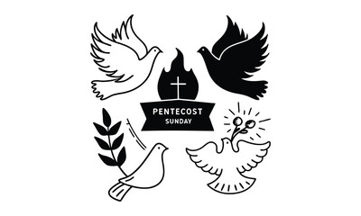 Religious symbols Church, flames, doves, hands, and wings.