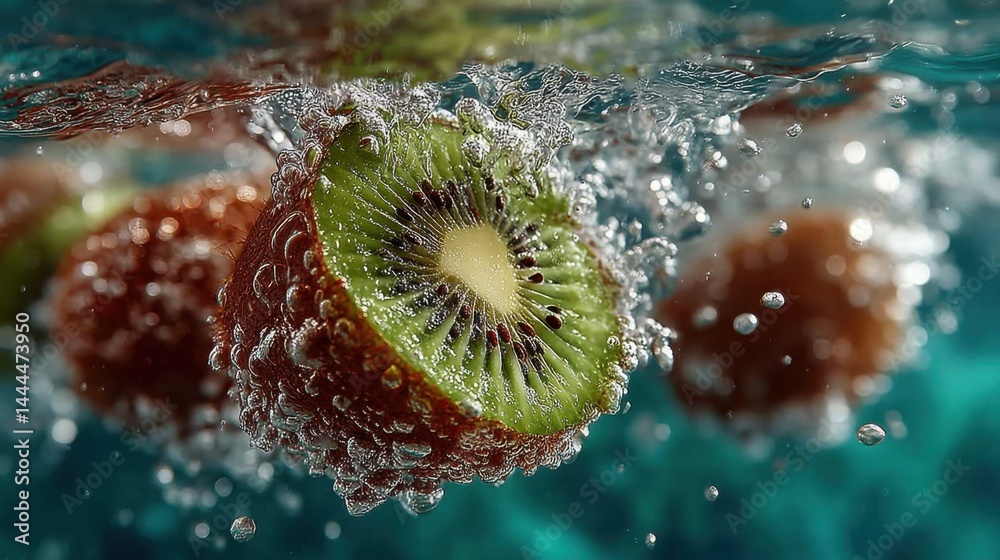 Aufkleber Fresh kiwi fruit slice submerged in water with bubbles creating a refreshing scene