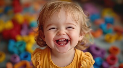A close-up of a toddler laughing and playing with colorful toys on the floor