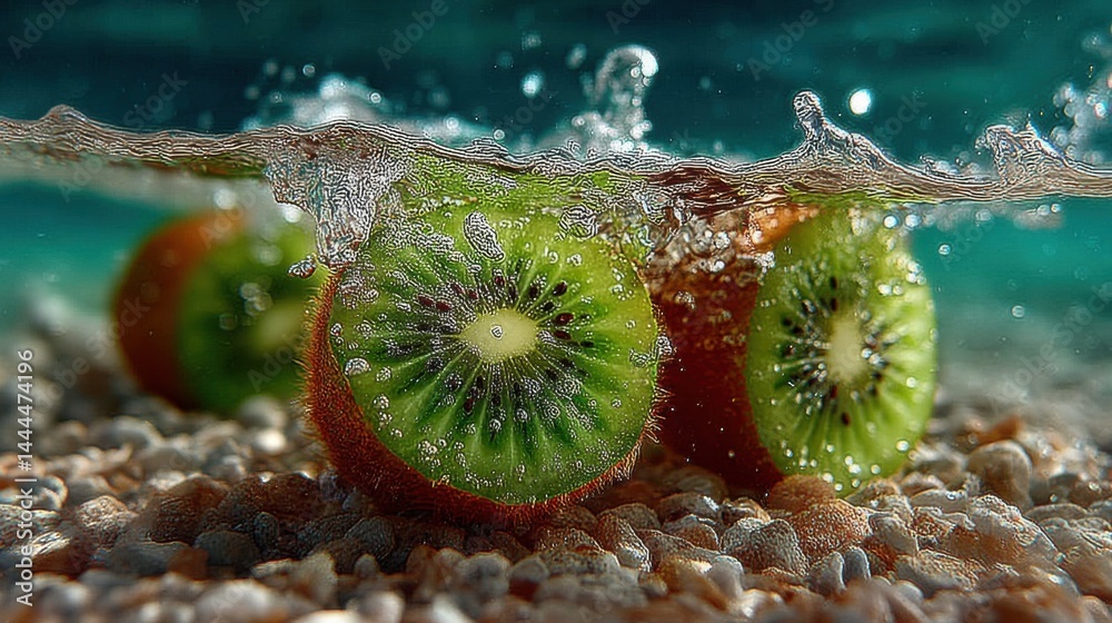 Aufkleber fresh kiwi fruit slices submerged in clear water with bubbles and underwater texture