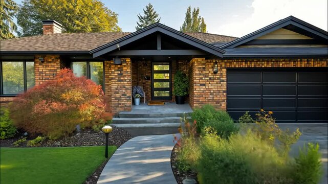 Stone entrance of suburban home with greenery and stairs. 