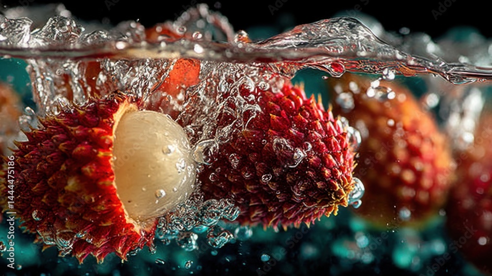 Poster Fresh lychees submerged in water creating a dynamic and refreshing splash effect.