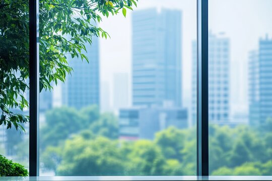 Fototapeta Cityscape view through a large window with greenery  Blurred city buildings and trees visible beyond the windowpane