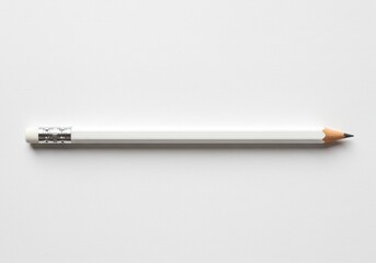 A white pencil with an eraser on a white background in a horizontal orientation with copy space above