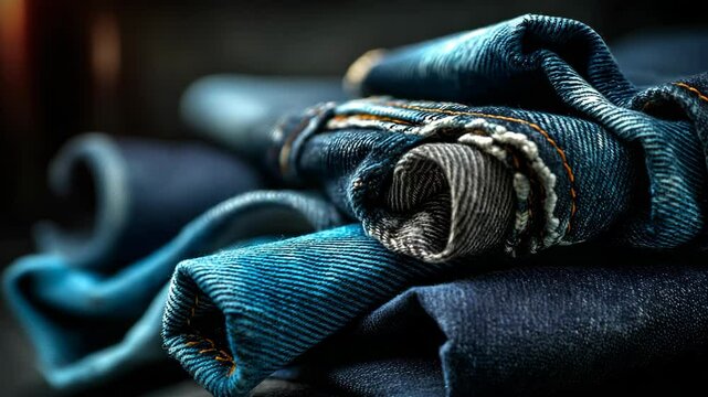 Detailed close-up of folded blue jeans, showcasing denim texture, seams, and varying shades of fabric in a dark background.