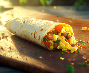 Hearty breakfast burrito filled with scrambled eggs, sausage, and vegetables, representing a delicious and satisfying Mexican-inspired morning meal.



