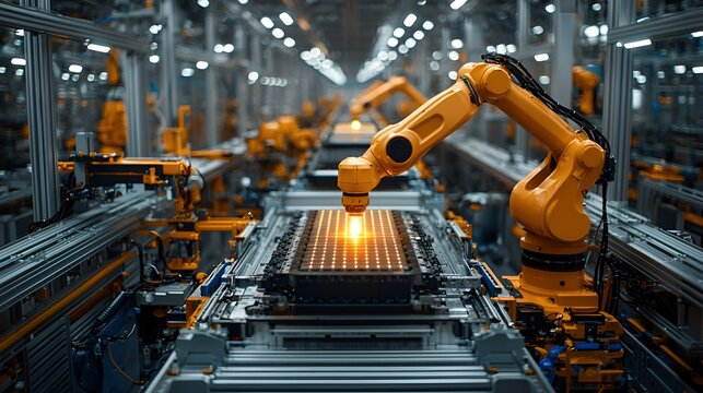 Automated robotic assembly line welding battery components.