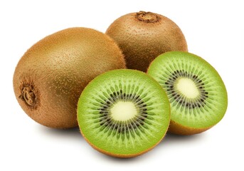 Fototapeta premium A group of whole and halved kiwi fruits with brown fuzzy skin and green flesh on a white background