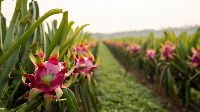 A dragon fruit farm in the early morning light rows of lush green vines with bright pink pitayas ready for harvest 