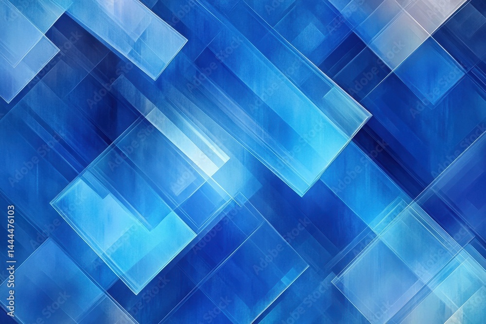 Poster geometric abstraction featuring layers of blue tones and translucent shapes creating a dynamic visua