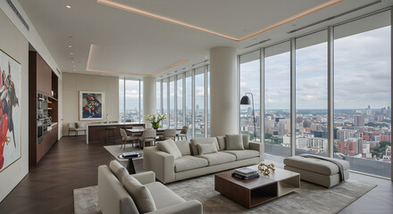 Fototapeta premium Modern Penthouse Apartment Interior With City View And Contemporary Design