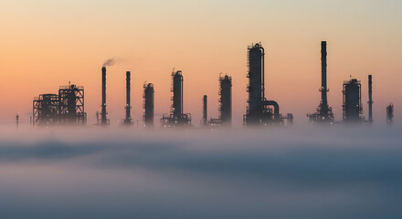 Fototapeta premium Industrial Plant Silhouette at Dawn with Fog Atmospheric Factory Scene Environmental Pollution Concept 110