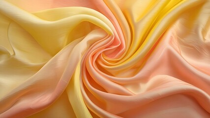 Obraz premium Swirling satin fabric texture in soft yellow and pink hues. Great for fashion, elegance, or luxury product backgrounds.