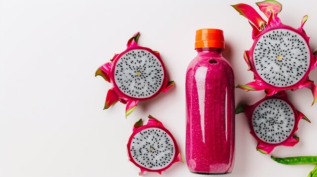 A dragon fruit juice bottle mockup placed beside fresh sliced pitaya on a white background perfect for advertising tropical beverages overlay cut out on isolated transparent removed background
