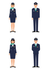 A simple flat design set of 4 flight attendant characters (2 male, 2 female) with colorful uniforms on a clean white background, front-facing.