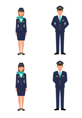 A simple flat design set of 4 flight attendant characters (2 male, 2 female) with colorful uniforms on a clean white background, front-facing.