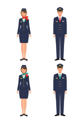 A simple flat design set of 4 flight attendant characters (2 male, 2 female) with colorful uniforms on a clean white background, front-facing.