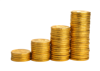 stacks of golden coins on white background, PNG