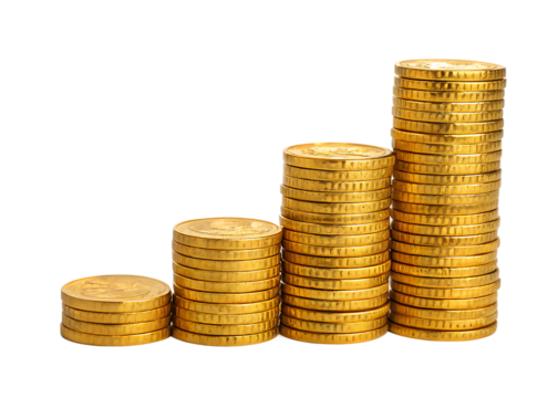 stacks of golden coins on white background, PNG