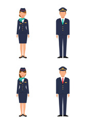 A simple flat design set of 4 flight attendant characters (2 male, 2 female) with colorful uniforms on a clean white background, front-facing.