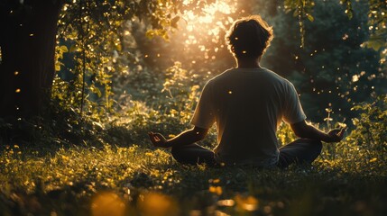 Obraz premium A young man meditating in a peaceful garden, surrounded by nature and greenery