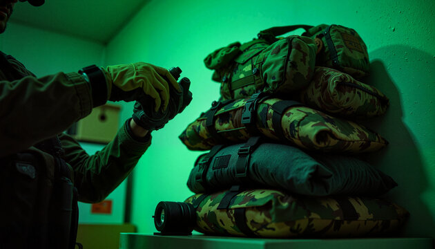 Gloved hand adjusting night vision goggles next to camouflage gear, tactical preparation