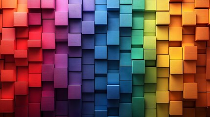 Fototapeta premium abstract geometric rainbow-colored 3d wooden square cubes texture wall. banner panorama