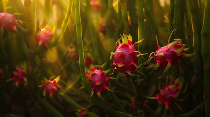 A dragon fruit plant in full bloom with bright pink fruits growing among thick green stems bathed in golden morning sunlight ideal for farming photography cut out on isolated transparent background