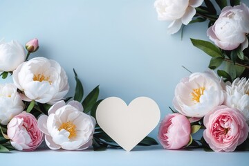 Muttertagsmotiv mit rosa-weißen Pfingstrosen und Herzform auf hellblauem Hintergrund