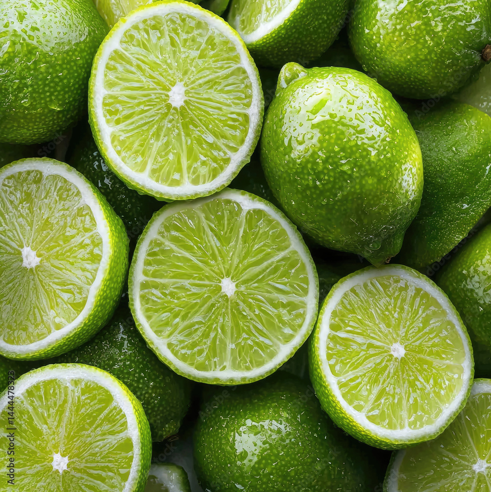 Poster fresh green limes and juicy lime halves with vibrant color and water droplets, creating refreshing a
