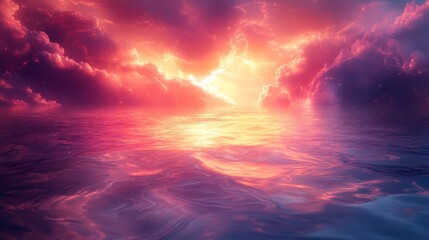 Obraz premium A vibrant, otherworldly sunset over a rippling sea.