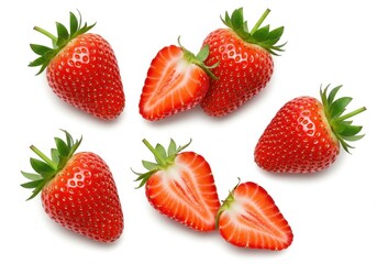A group of strawberries including whole and halved berries on a bright white background surface view
