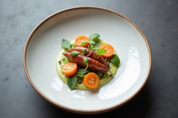Gourmet sausage slices elegantly plated with a vibrant green sauce, halved cherry tomatoes, and fresh microgreens.