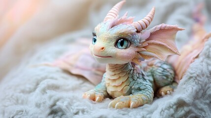 Obraz premium Colorful dragon figurine resting on soft fabric
