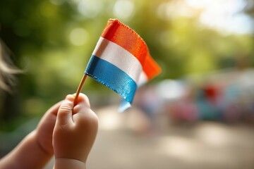 Child holds vibrant Dutch flag in a park, showcasing rich colors and textures
