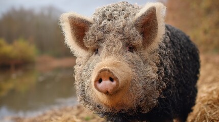Fototapeta premium Portrait of a Woolly Mangalitsa Pig in Autumn