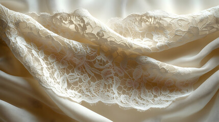 Flowing light cream fabric draped with ornate white lace for an elegant textured  luxurious feel