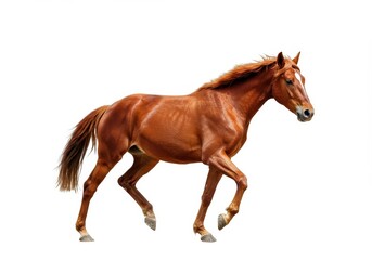 Obraz premium A chestnut horse with a white blaze galloping on a white background in a studio shot showing movement