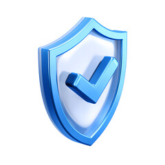 3D Render of a Blue Glossy Shield with Check Mark Approved Security Concept. Shield icon, shield icon png.