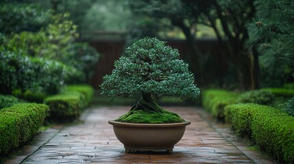 Elegant bonsai garden a tranquil japanese retreat with minimalist aesthetic and moss